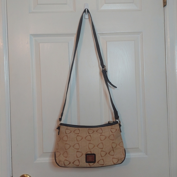 Liz Claiborne Vintage Y2K Tan Canvas Geometric Print Black Leather Shoulder Bag - Picture 1 of 14
